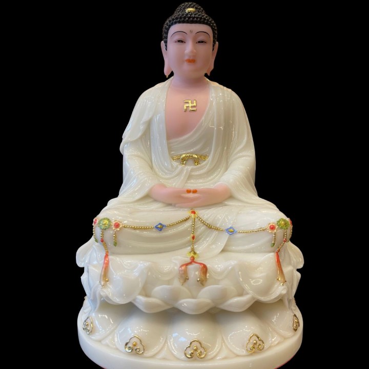 Tượng thích ca ngồi đế sen đá trắng viền tua 12